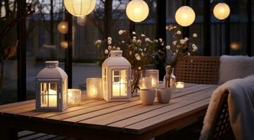 AI generated outdoor lighting over a deck with a table and some lanterns photo