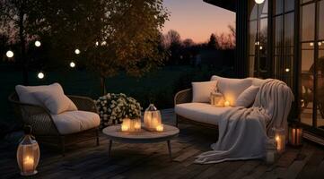 AI generated outdoor furniture in dusk with lighting photo