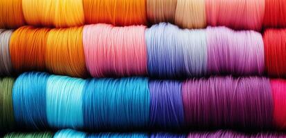 ai generado multicolor hilos es un mayor problema en el textil industria foto