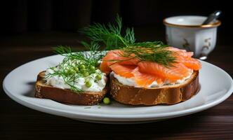 AI generated smoked salmon and cream cheese on toast with dill photo