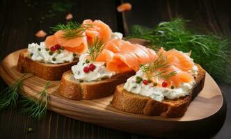 ai generado ahumado salmón y crema queso en brindis con eneldo foto