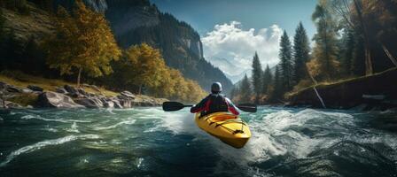 ai generado kayak kayakista en un rápido en bosque antecedentes con montaña paisaje foto