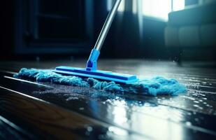 AI generated mopping floor with blue cloth photo