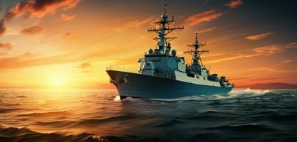 ai generado Armada Embarcacion en el Oceano en un puesta de sol foto