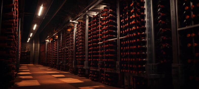 AI generated rows of wine bottles on racks in a cellar photo