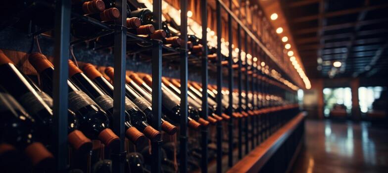 AI generated rows of wine bottles on racks in a cellar photo