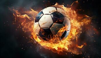 AI generated soccer ball in flames on dark background photo