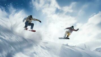 AI generated snowboarders catching air off a large jump, with snow spraying behind them photo