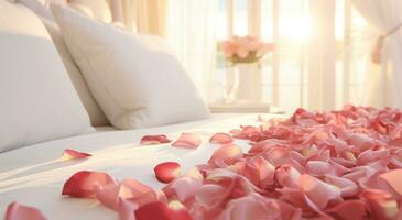 AI generated the image is of white rose petals and white silk floral pattern on top of a hotel bed photo