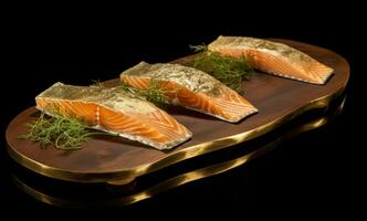 AI generated three slices of salmon and dill on a wooden board photo