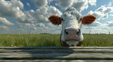 ai generado un aislado vaca en pie en frente de un de madera mesa con césped y tierras de cultivo foto