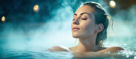 AI generated woman in a hot tub relaxing. towel around her neck photo