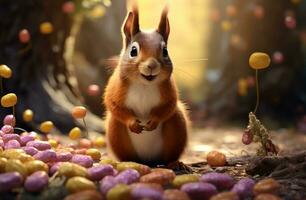 AI generated animal photography of squirrel with chocolate in forest photo