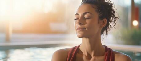 AI generated woman in a hot tub relaxing. towel around her neck photo