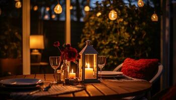 AI generated table setting at night under lights on an outdoor patio photo