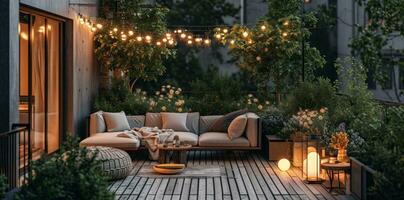 AI generated an outdoor balcony with lighting, couches and small gardens photo