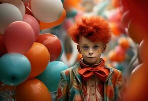 ai generado joven payaso en el payaso atuendo poses con globos foto