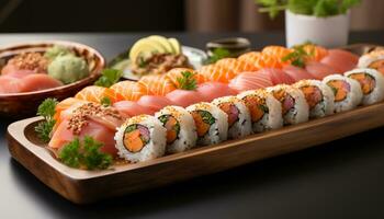 AI generated Fresh seafood plate sushi, sashimi, maki roll healthy Japanese lunch generated by AI photo