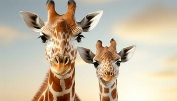 AI generated Cute giraffe and zebra standing in African savannah at sunset generated by AI photo