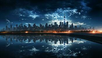 ai generado moderno ciudad horizonte refleja en el agua a oscuridad generado por ai foto