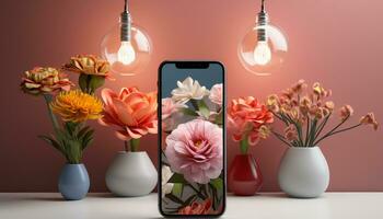 AI generated Modern flower pot design with fresh flowers on wooden table generated by AI photo