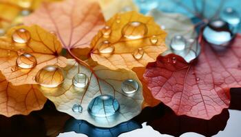 AI generated Vibrant autumn leaves reflect beauty in nature wet environment generated by AI photo