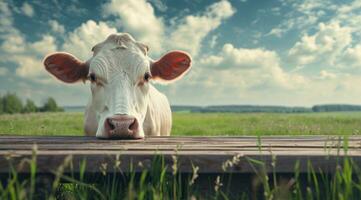 AI generated an isolated cow standing in front of a wooden table with grass and farmland photo