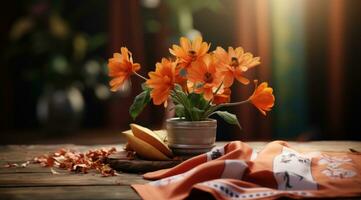 ai generado el bandera de India en un mesa con flores alrededor eso foto