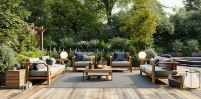 AI generated an outdoor space with wooden furniture photo