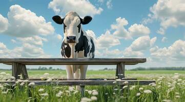 ai generado un aislado vaca en pie en frente de un de madera mesa con césped y tierras de cultivo foto