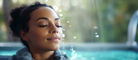 AI generated woman in a hot tub relaxing. towel around her neck photo