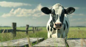 AI generated an isolated cow standing in front of a wooden table with grass and farmland photo