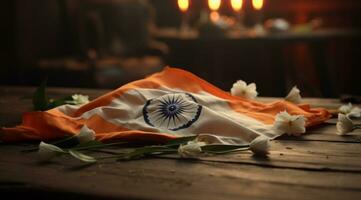 ai generado el bandera de India en un mesa con flores alrededor eso foto