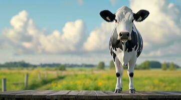 ai generado un aislado vaca en pie en frente de un de madera mesa con césped y tierras de cultivo foto