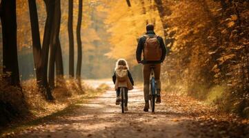 ai generado andar en bicicleta en el otoño con niños y padres en enselvado camino y hojas abajo arboles foto