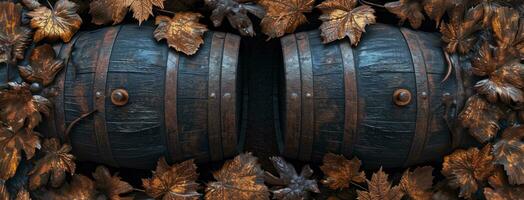 AI generated dark barrels with golden leaves, tequila and red wine photo