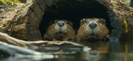 AI generated beavers peering through a camera hole photo