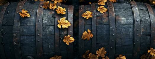 AI generated dark barrels with golden leaves, tequila and red wine photo