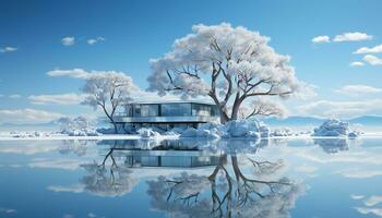 AI generated Winter landscape snow covered trees reflect in icy blue water generated by AI photo