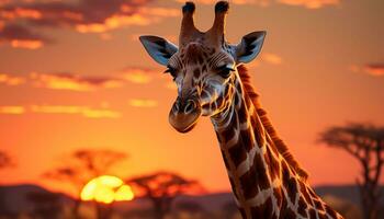 ai generado jirafa de pie, mirando a cámara, en africano sabana puesta de sol generado por ai foto