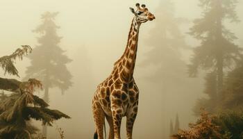 ai generado jirafa en pie alto, naturaleza elegancia en África puesta de sol belleza generado por ai foto