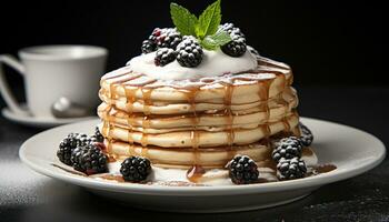 AI generated Homemade pancake stack with berries, chocolate, and whipped cream generated by AI photo