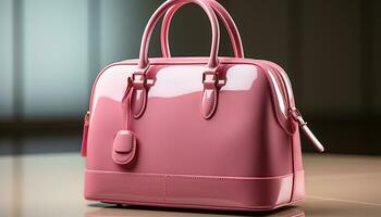 AI generated Fashionable pink leather bag with shiny metal handle and zipper generated by AI photo