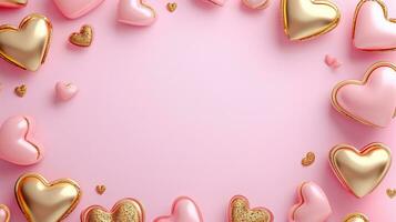 ai generado rosado y oro San Valentín día marco antecedentes con Copiar espacio foto