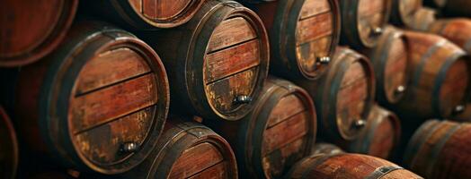 AI generated dark red wine barrels stacked together photo