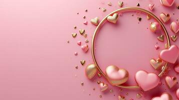 AI generated pink and gold Valentine's day frame background with copy space photo