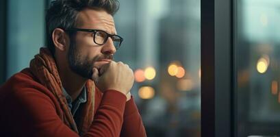 AI generated man in glasses resting his hand on chin in the window photo