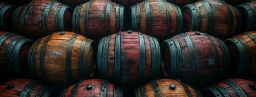 AI generated dark red wine barrels stacked together photo