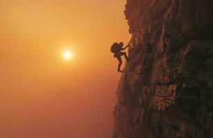 AI generated an individual climbs up a cliff in a hazy sunrise photo