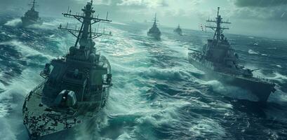 AI generated naval battleships sailing along the ocean photo